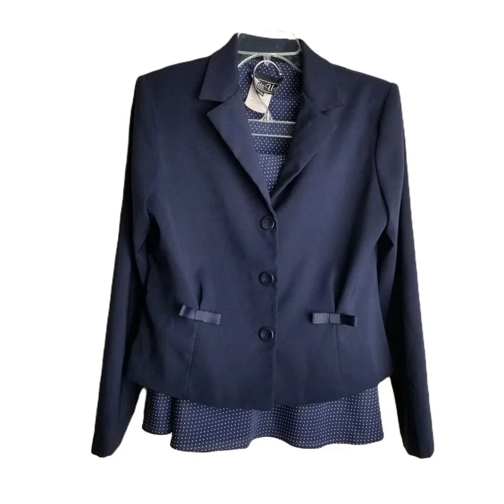 Suits Us Womens 9/10 Navy Blazer Polka Dot Skirt Suit Set Y2K Preppy